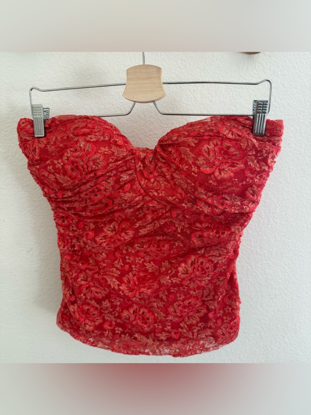 KIMIKAL Y2K Red lace bandeau bustier ruched floral top glamour built in bra